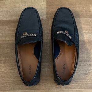 Aldo Black Leather Slip-On Loafers with Braided Bit